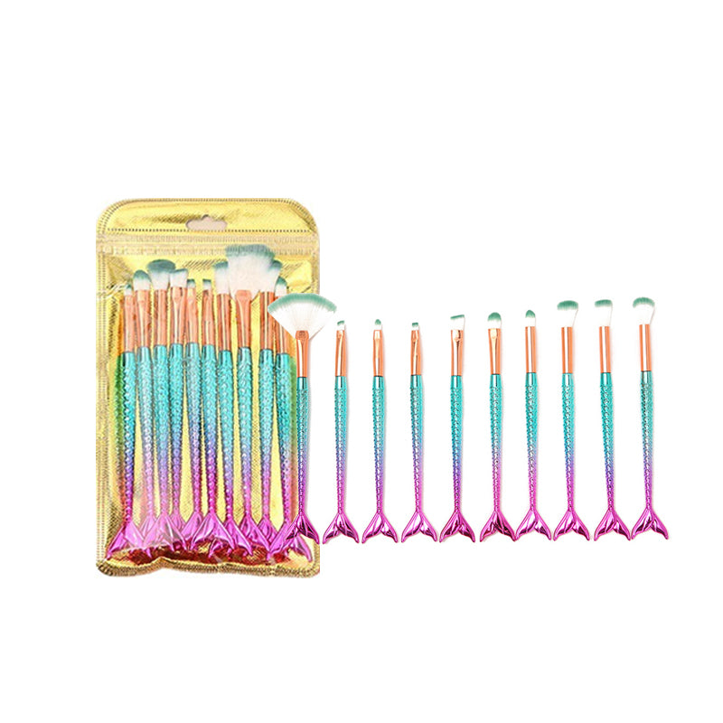 10pcs Gradient Electroplated Fishtail Makeup Brushes Set