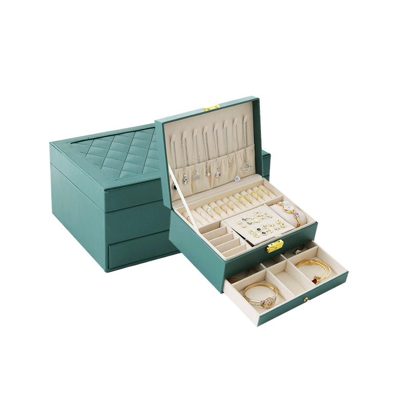 Caja de joyería de cuero de doble cajón verde oscuro